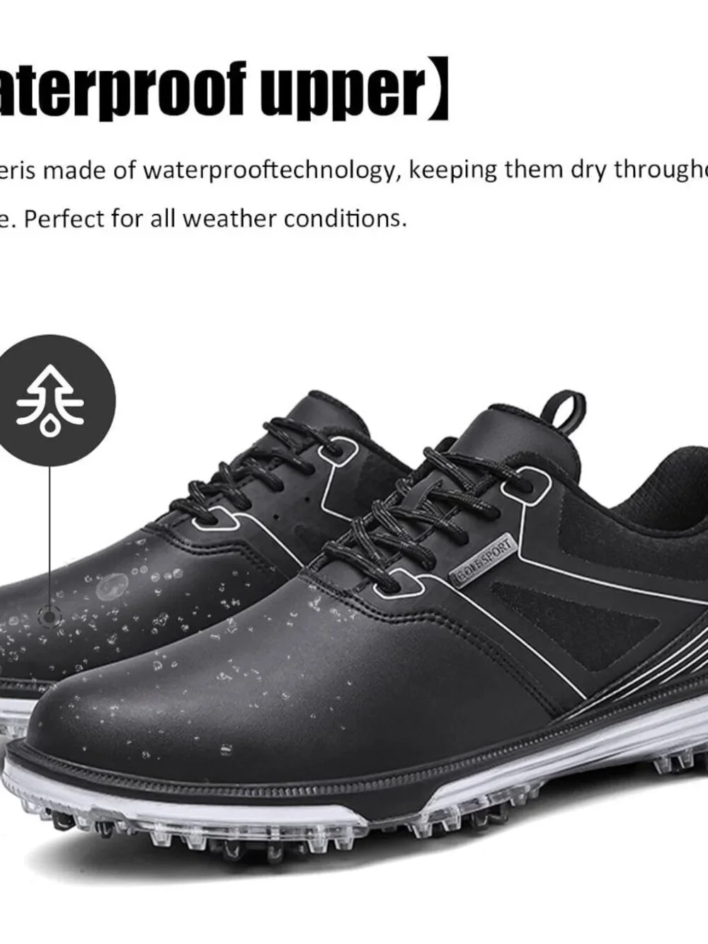 Men's Black Golf Shoes Fixed Nail Less Sole Waterproof Lightweight No-slip